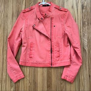 Coral vegan leather motorcycle jacket